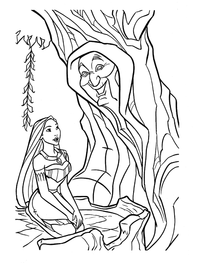 coloriage pocahontas parle avec mere feuillage